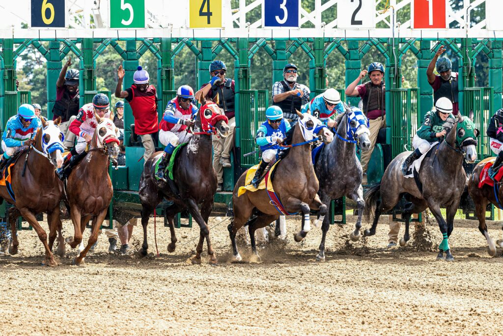 Dynamic scene of jockeys and horses launching from starting gate in a competitive race.